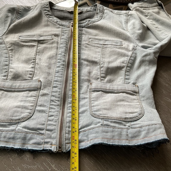 Sandwich_ Collarless  blue Denim  jacket with frayed edges and pockets. - Picture 7 of 8